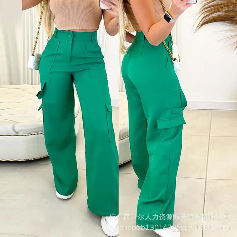 Wide Leg Trousers Solid Color Street Clothing Fashion Product Pants Womens Green Casual Patch Pocket High Waist Straight Pants 241023