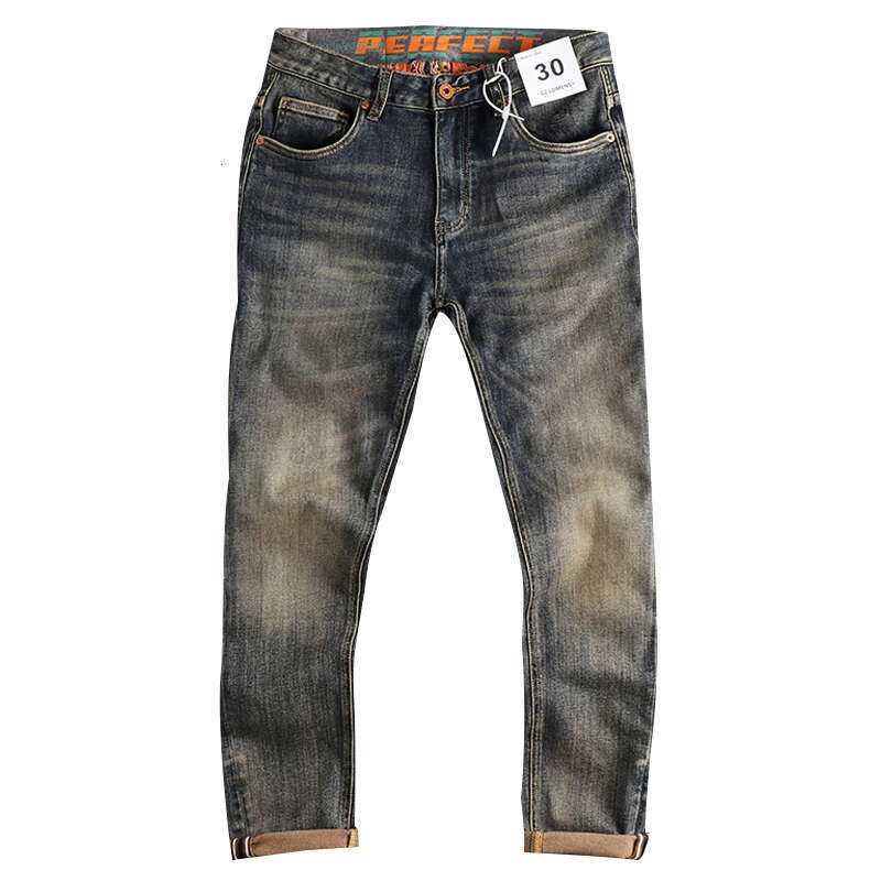 Waist Printed Retro Jeans Men Clothing Washed Distressed Denim Pants Cargo Straight Trousers Casual Wear Oversized Style Fashion