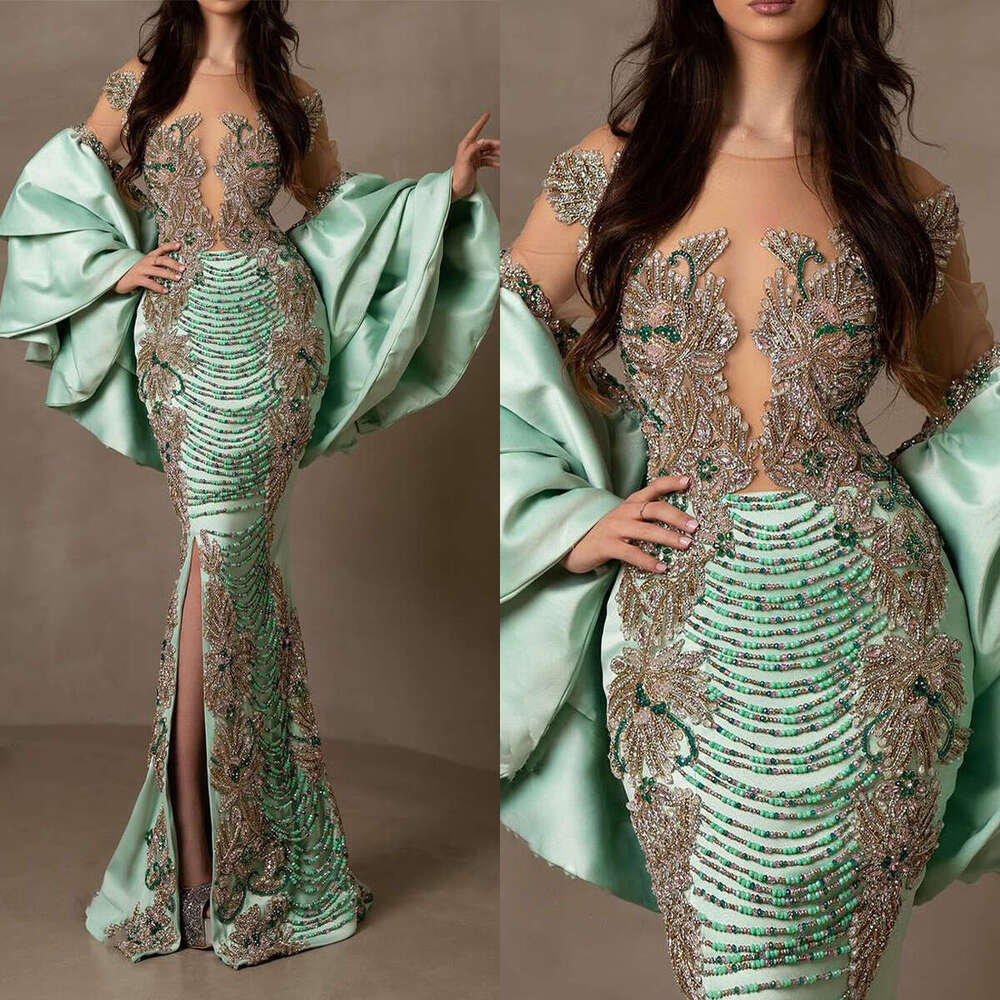 urious Beading Mermaid Prom Dresses Elegant Long Sleeve Evening Gowns Side Split Appliqued Formal Dress