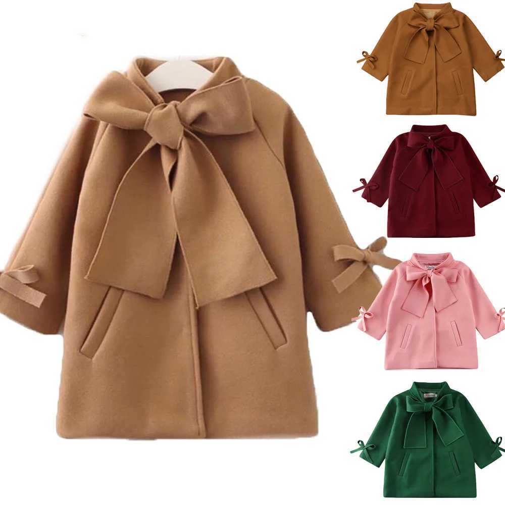 Cute childrens baby coat wool bow single corset girls coat winter warm clothes snow clothes 2-8 years W241023