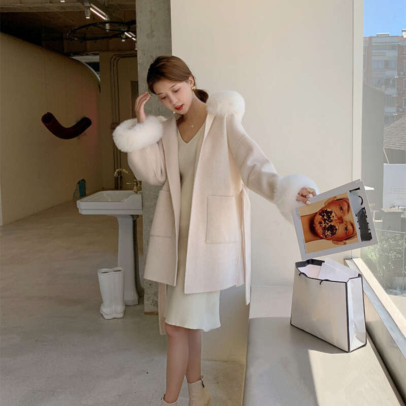 2024 Wool Cashmere Autumn Winter Fox Fur Collar Women's Mid-Length Belt Hooded Woolen Coat New Fashion
