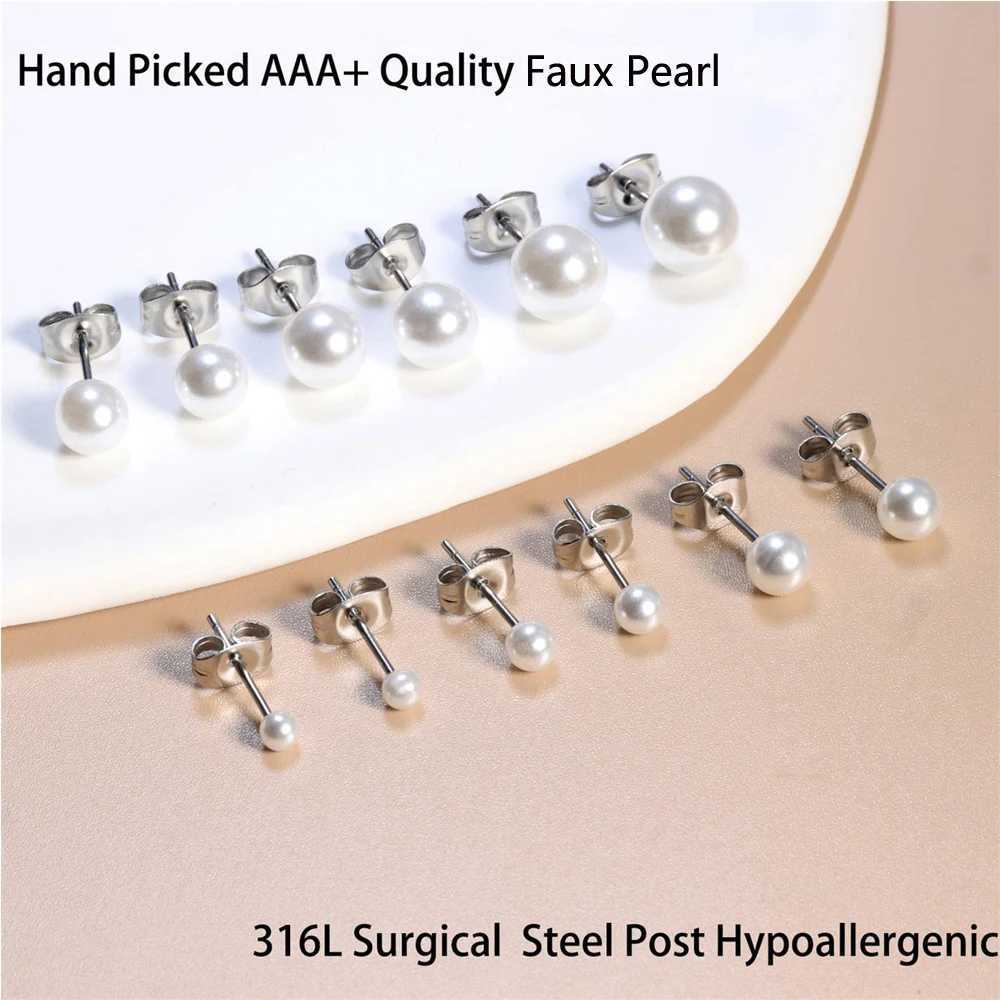6 pairs of hypoallergenic stainless steel small ball pearl earrings set suitable for women 3-8MM W241023