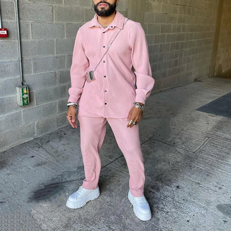 Oldyanuop Mens Corduroy Set Long Sleeve Solid Shirt and Pants Two Piece Set Spring and Autumn Fashion Mens Street Clothing 241024