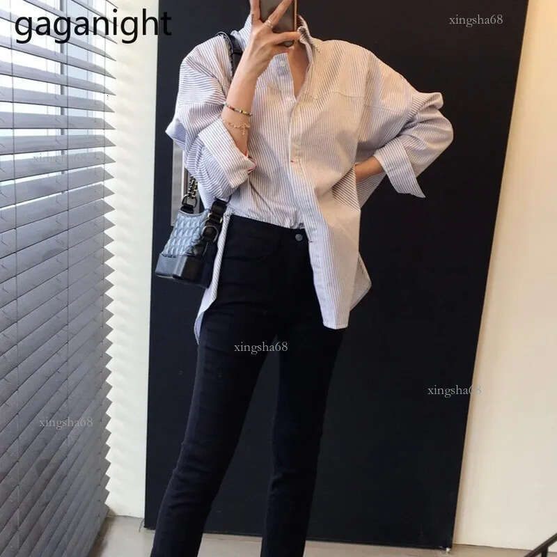 Women's Blouses Shirts Gaganight Women Blouses and Tops Long Sleeve Casual Striped White Turn-down Collar OL Shirt Back Buttons Loose Blusas Femi