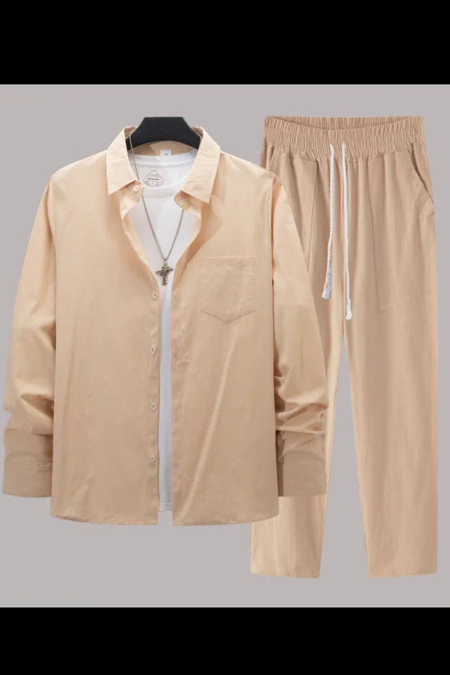 Mens cotton linen long sleeved shirt casual long sleeved pants two sets 241024