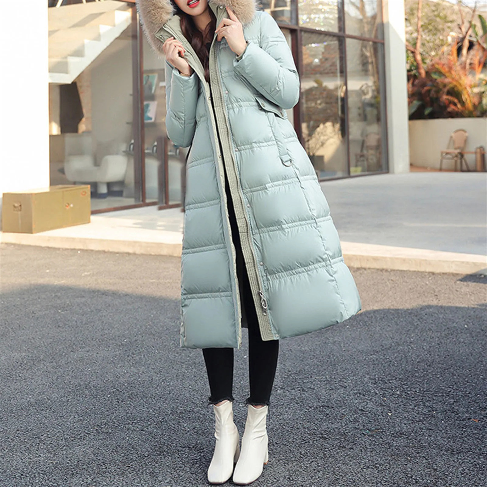 Womens long winter inflatable jacket with belt maximum down jacket fur collar detachable hooded park winter thick warm snow coat 241023