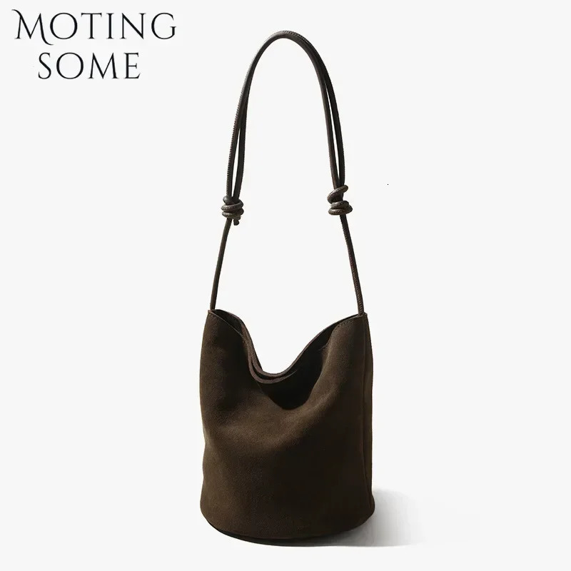 Motingsome Suede Leather Handbag Women Mini Bucket Tote Strings Shoulder Vintage Bags Winter Daily Commuting Purses 241021