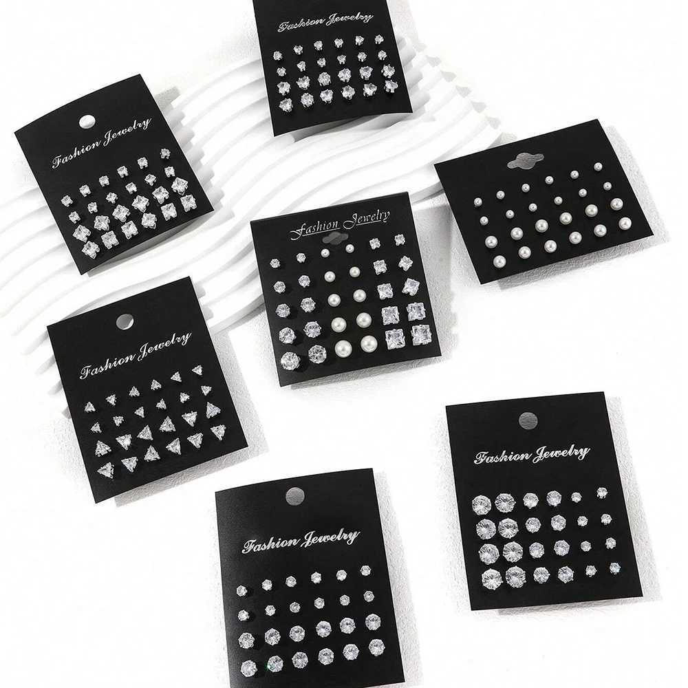 Up to 12 pairs of shiny zircon stud earrings set suitable for women daily fashion silver crystal earrings W241023