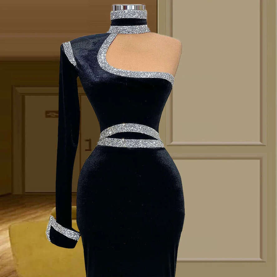 High Neck Single Sleeve 2021 Mermaid Black Velet African Formal Party Gowns Tail Dress Robe De Mariee