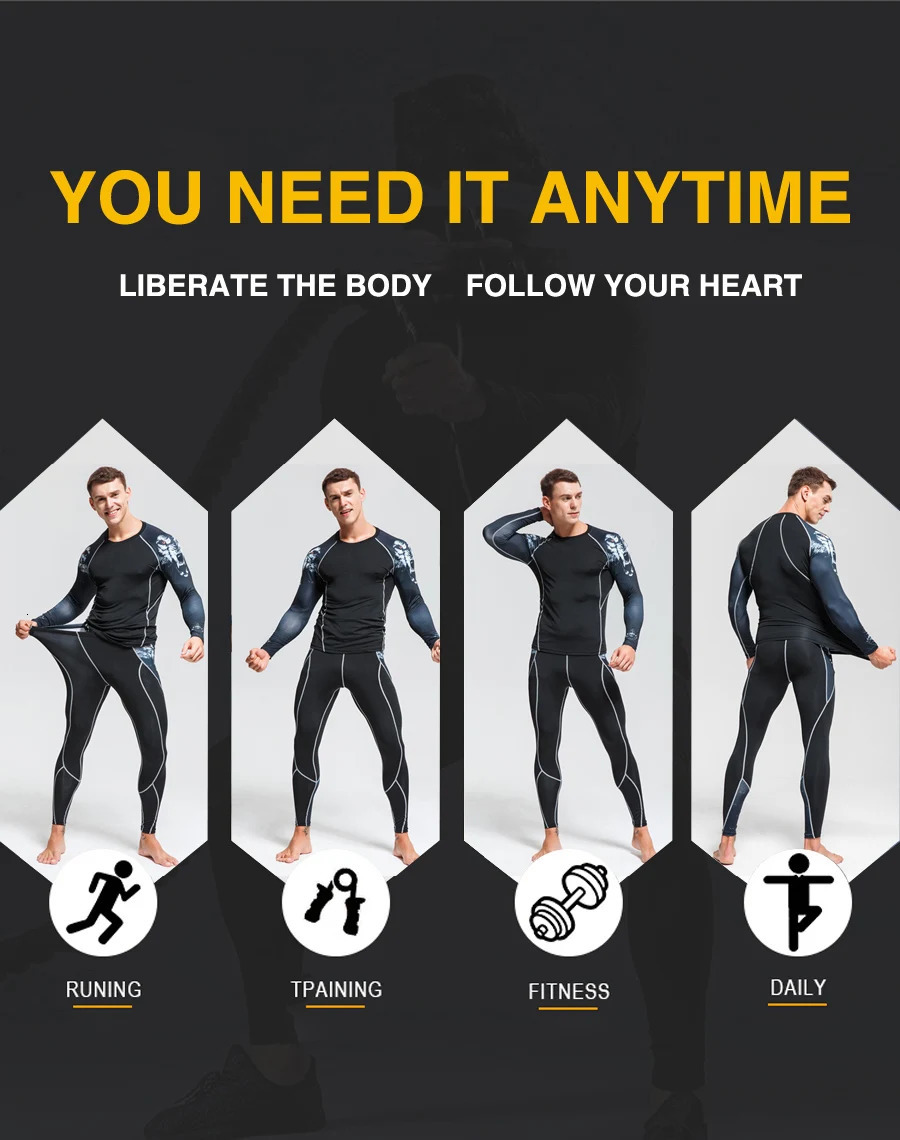Fitness Training Clothes 3D Skull Thermal Underwear Compression Mens Suit Sports Running Warm Base Layer 3XL 241017