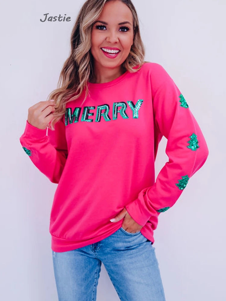 Christmas Tree Glitter Winter Floral Cotton Blended Round Neck Christmas Top Fashion Long Sleeve T-shirt 2025 Style 241011