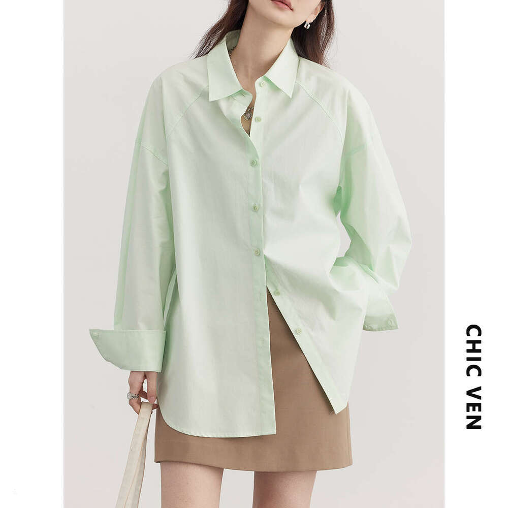 CHIC VEN Women Shirt Solid Long Sleeve Loose New Casual Lapel Female Blouses Single Breasted Mid Length Tops Spring Summer 2024
