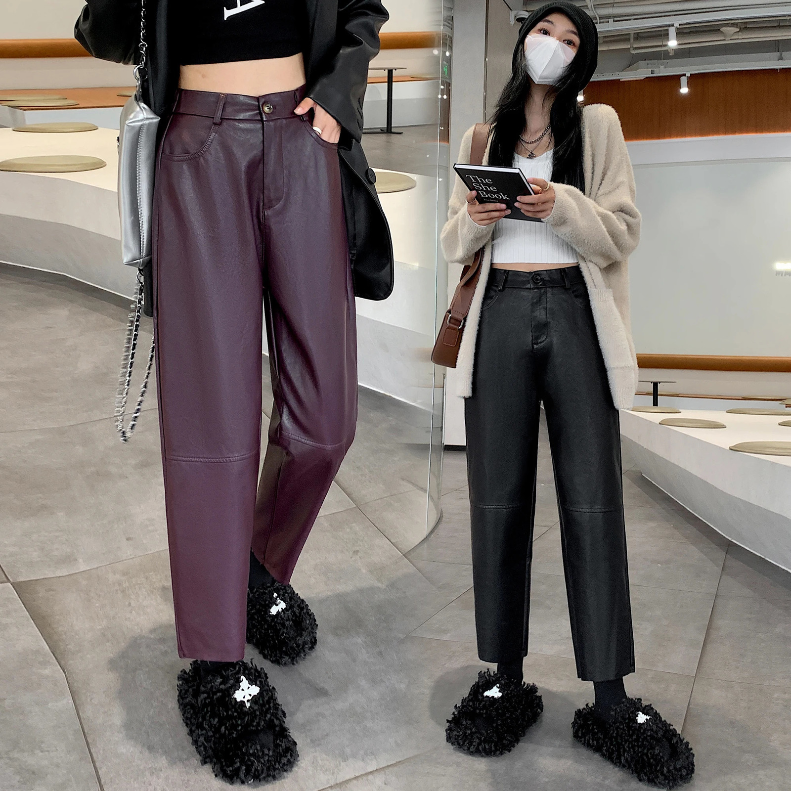 Autumn Winter PU Leather Retro Womens Ankle Pants High Waist Zipper Black Straight Pants Womens Pocket 241023