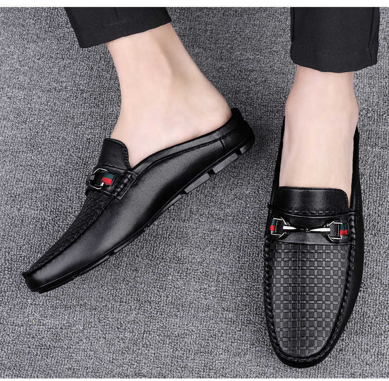 Men Dress Shoes New Mens Fashion Embossed Metal Buckle Casual Half Dragging Convenient One Step Leather Shoes Comfortable And Breathable Casual Shoes 