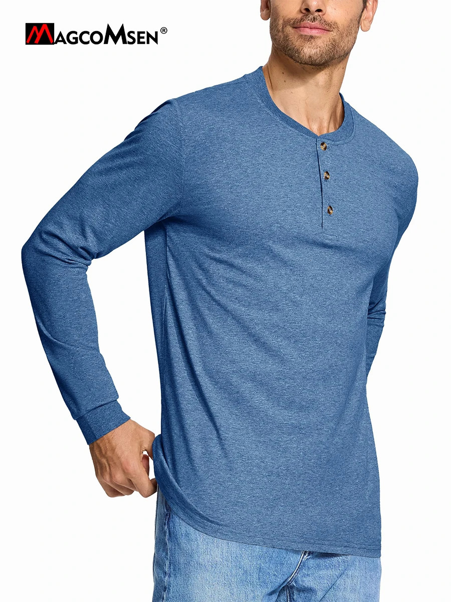 MAGCOMSEN Henley Cotton T-shirt mens long sleeved mens front checkered shirt fashionable Henry collar T-shirt casual retro streetwear 241024