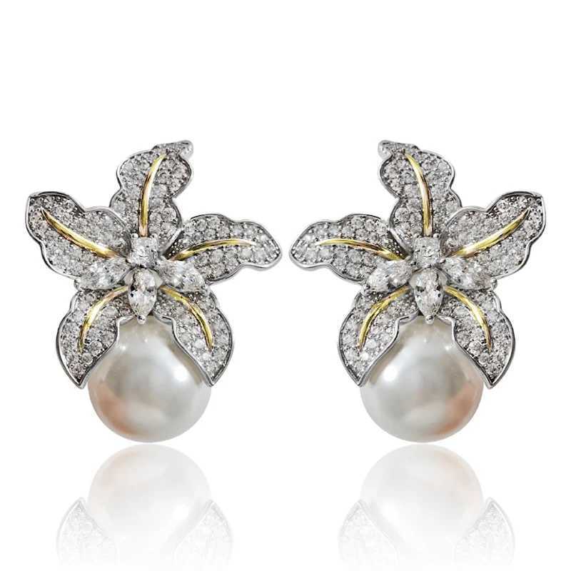Huitan Gorgeous Flower Imitation Pearl Earrings Womens Luxury Inlay Sparkling CZ Stone Fashion Wedding Jewelry Wholesale Lotus Flower W241023