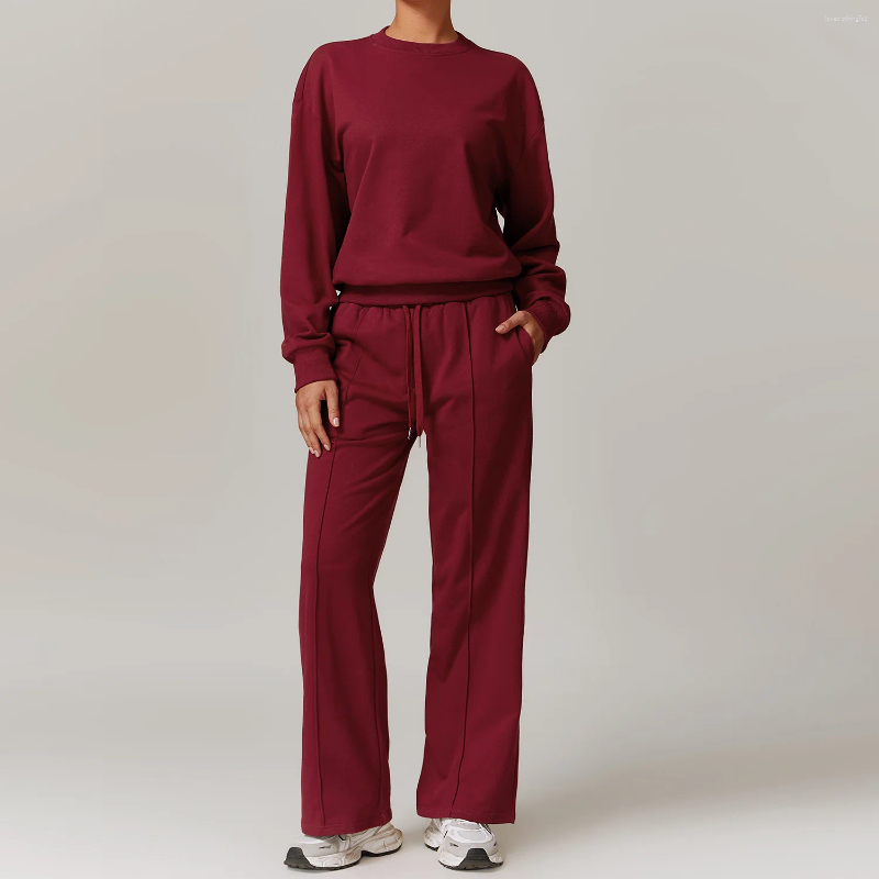 Active Sets 2Pcs Sports Set Women Fiess Yoga Suit Gym Sportswear Running Long Sleeve Wide Leg Pants Workout Tracksuits Athletic Wear