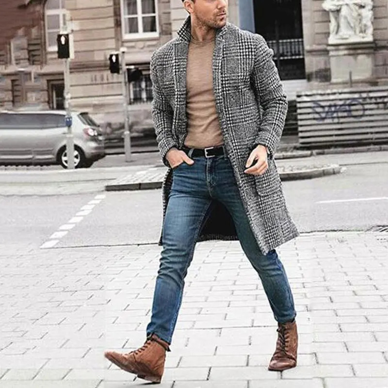 Winter clothing mens fashion trench long wool coat casual plain button windbreaker retro blended premium item 241024