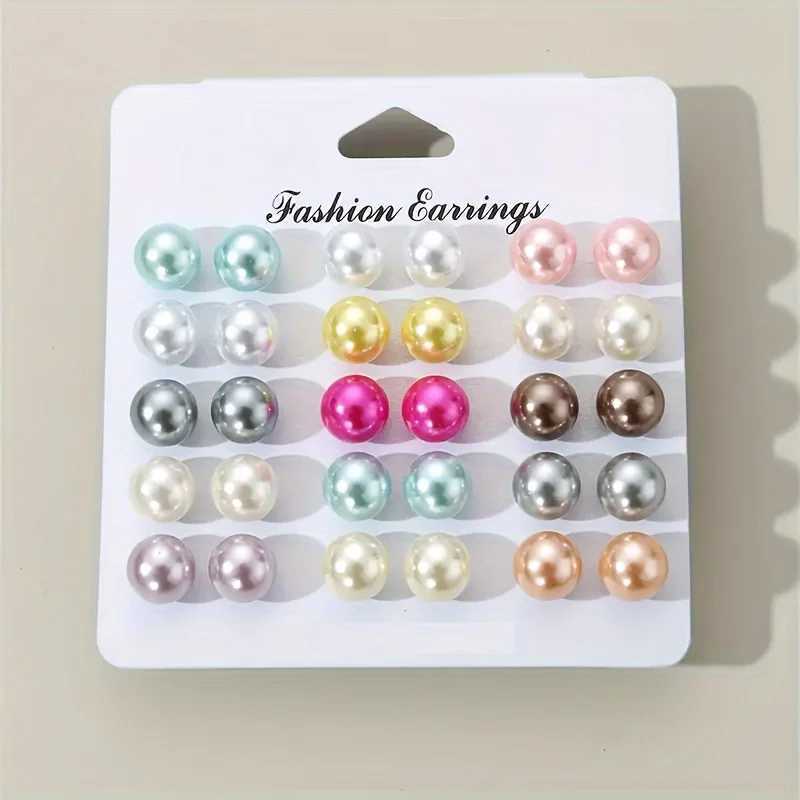 15 pairs of Korean charm multi-color imitation pearl stud earrings trend acrylic ball bead earrings womens banquet wedding jewelry W241023