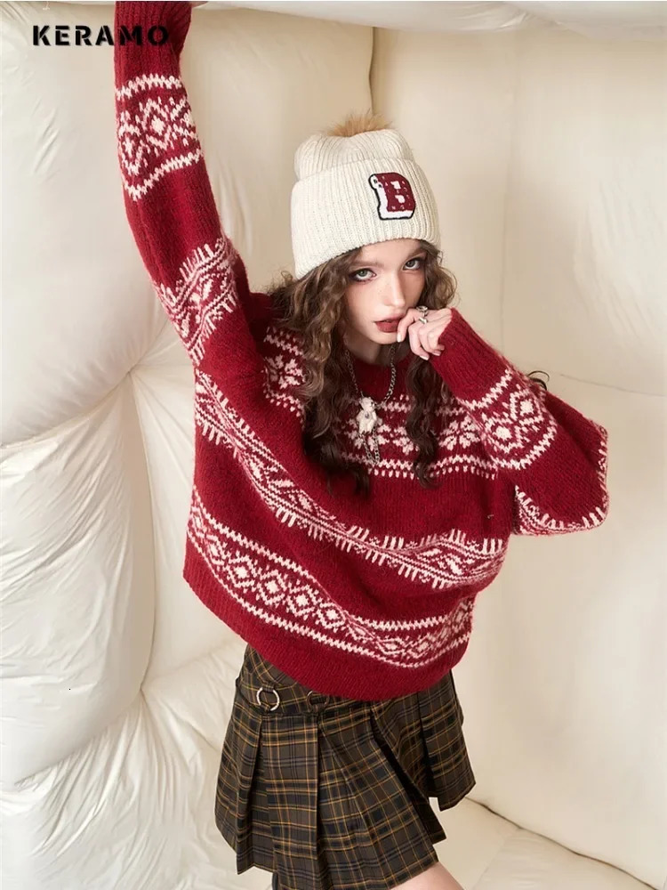 Sweet Casual Christmas Style Knitted Long Sleeve Pullover Winter Fashion Womens Geometric Printed Jumper Round Neck Sweater 241024