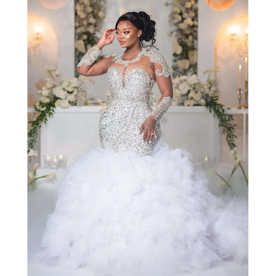 2024 Arabic Aso Ebi Plus Size Off White Mermaid Wedding Dresses Urious Lace Rhies Full Sleeves Tiers Vintage Bridal Gowns Dress