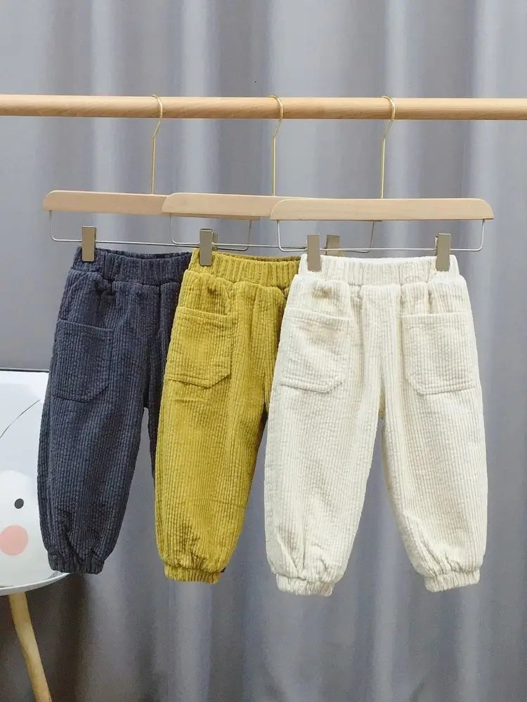 Winter Baby Trouser Boys and Girls Corduroy Warm Pants with Velvet Thickened Retro Casual Childrens Clothing Lantern Pants 241024