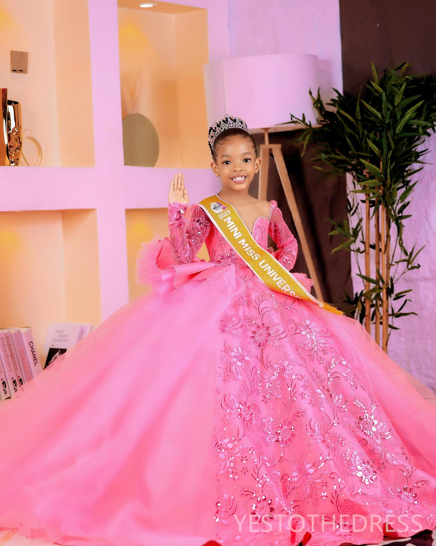 2024 Aso Ebi Pink Flower Girl Dresses Children Birthday Dress Illusion Sheer Neck Long Sleeves Beaded Lace Princess Tiered Tulle Princess Ball Gown Fo