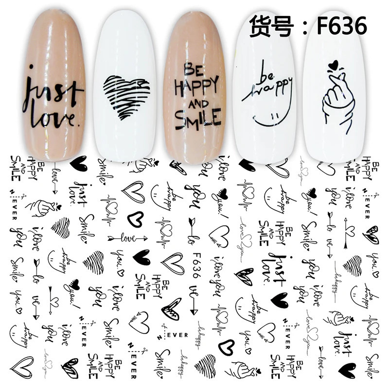 10 pieces of abstract line flower butterfly nail art stickers 3D Valentines Day nail decoration black and white nail slider 241024