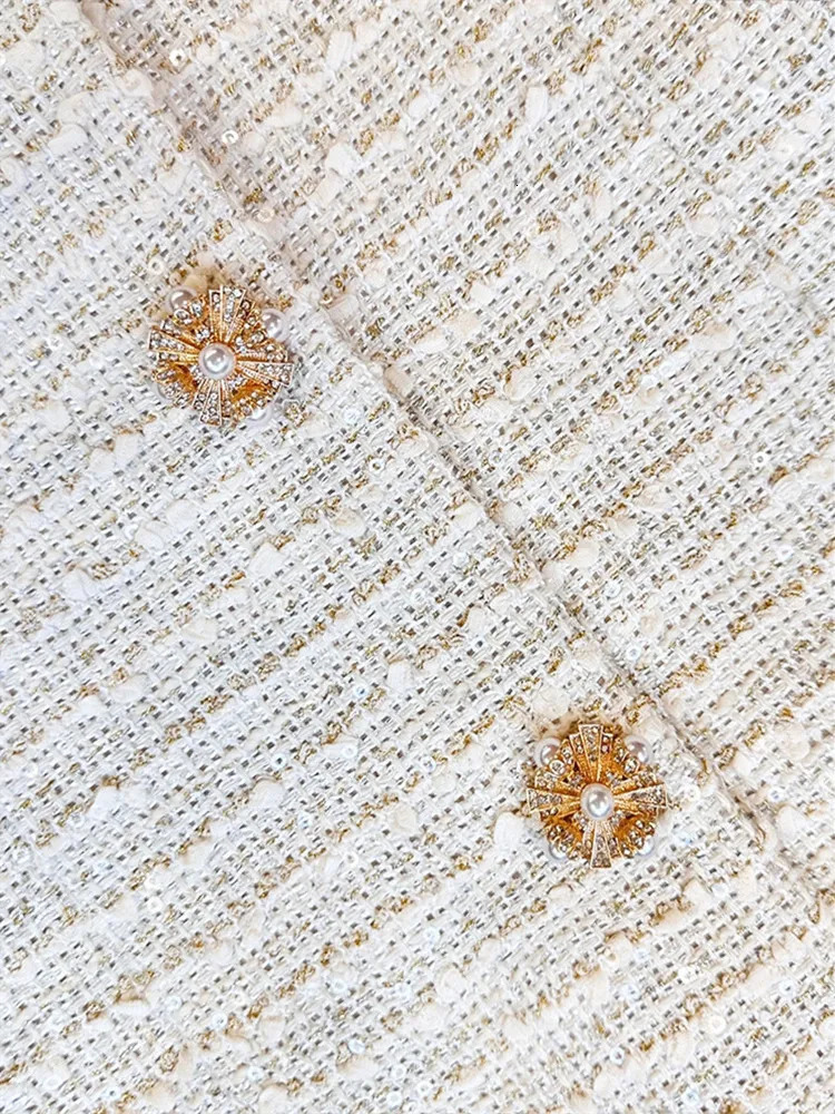 autumn womens coarse tweed pleated mini dress with pearl rhinestone buttons womens round neck long sleeved elegant short dress 241023