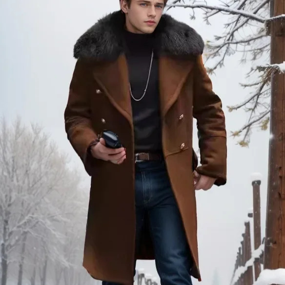 European and American mens autumn and winter casual wool coat young mens double-layer fur collar coat S-5XL 241024