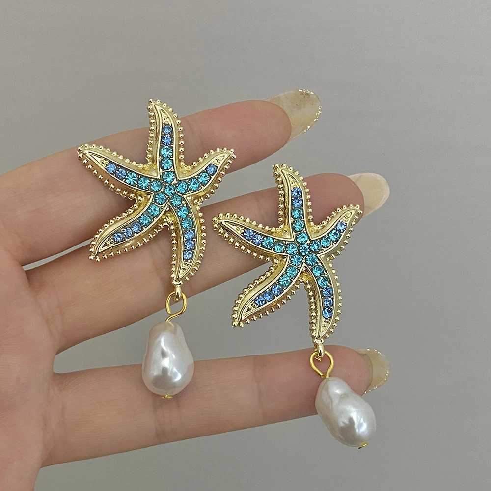 Bohemian Starfish Earrings Pearl Blue Rhinestone Pendant Earrings Suitable for Women Starfish Jewelry Summer Holiday Beach Gifts W241023