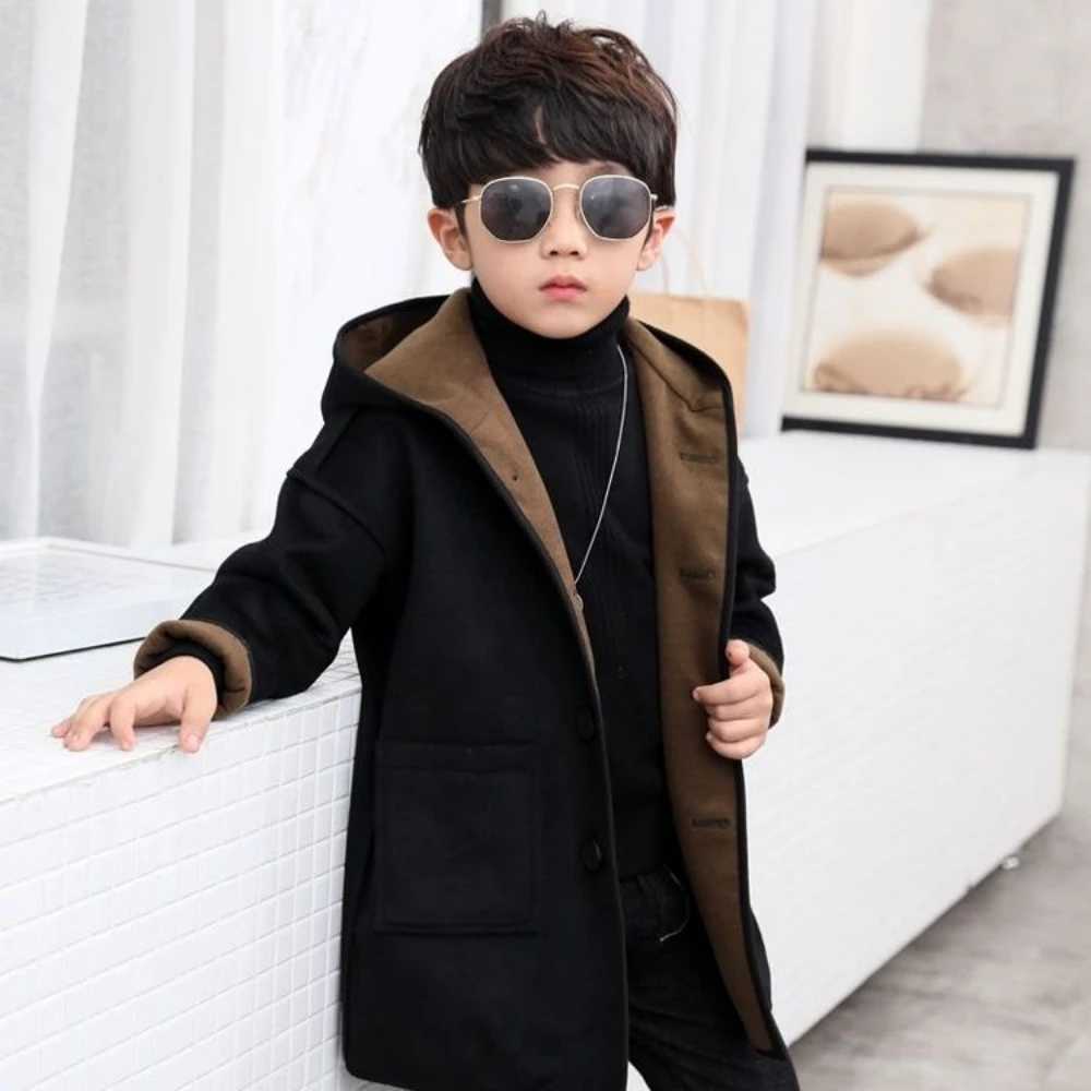 Boys Korean single chest solid thick warm pocket design 2023 new mid length trench coat wool jacket W241023