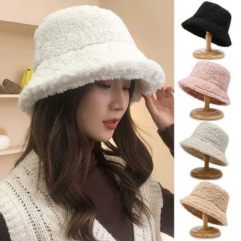 Warm bucket hat solid color autumn winter cashmere outdoor warm Panama hat Harajuku style unisex fisherman hat X241023