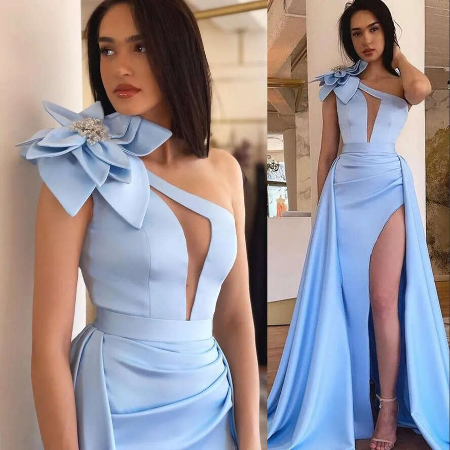 Sexy A E Satin Prom Dresses Light Long With 3D Wer Beads Sleeveless High Split Cut-Out One Shoulder Keyhole Evening Gowns Sweep Train