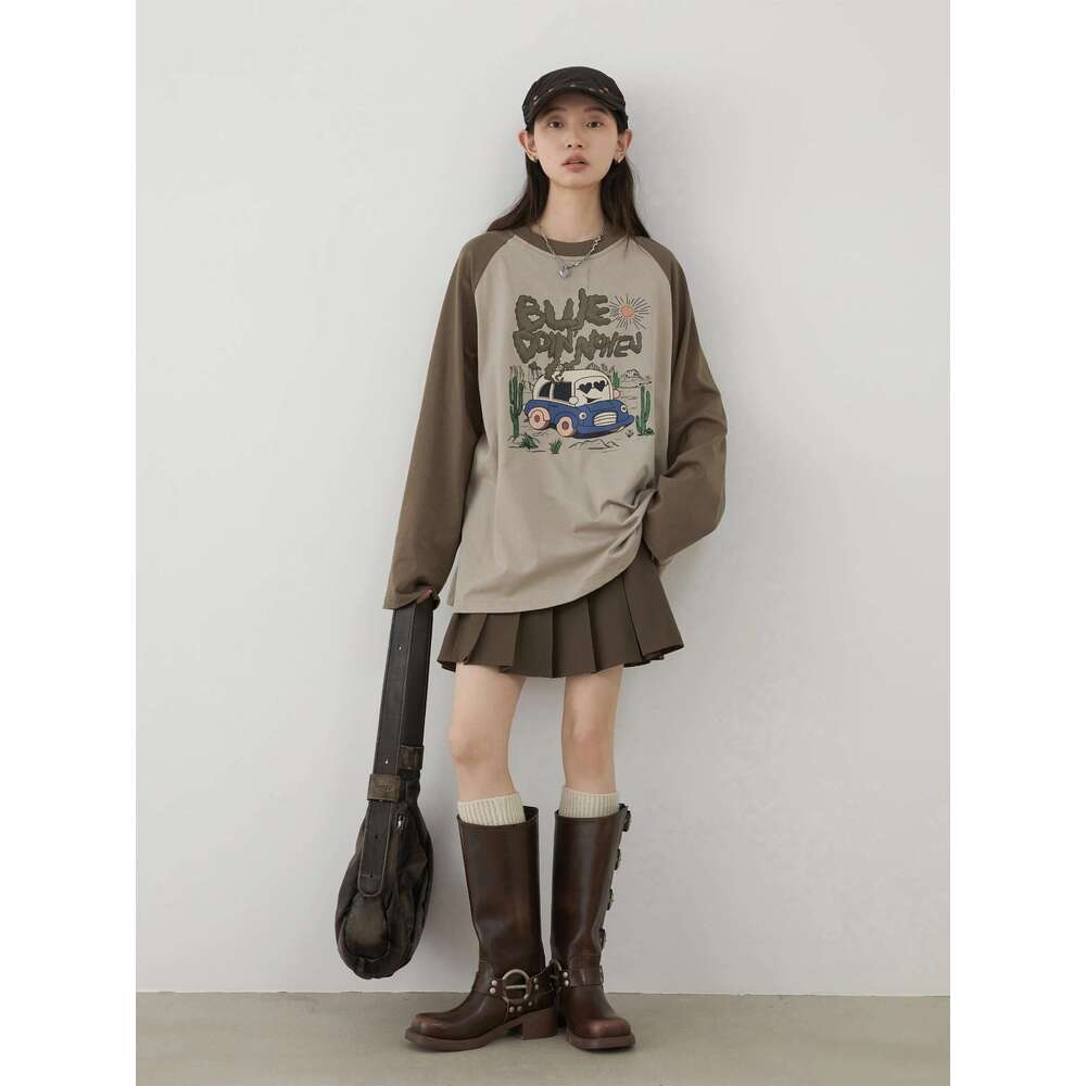 CHIC VEN Women T-Shirt Loose Long Sleeved New O Neck Tees Raglan Sleeves Cartoon Printed Female Tops Autumn Winter 2024