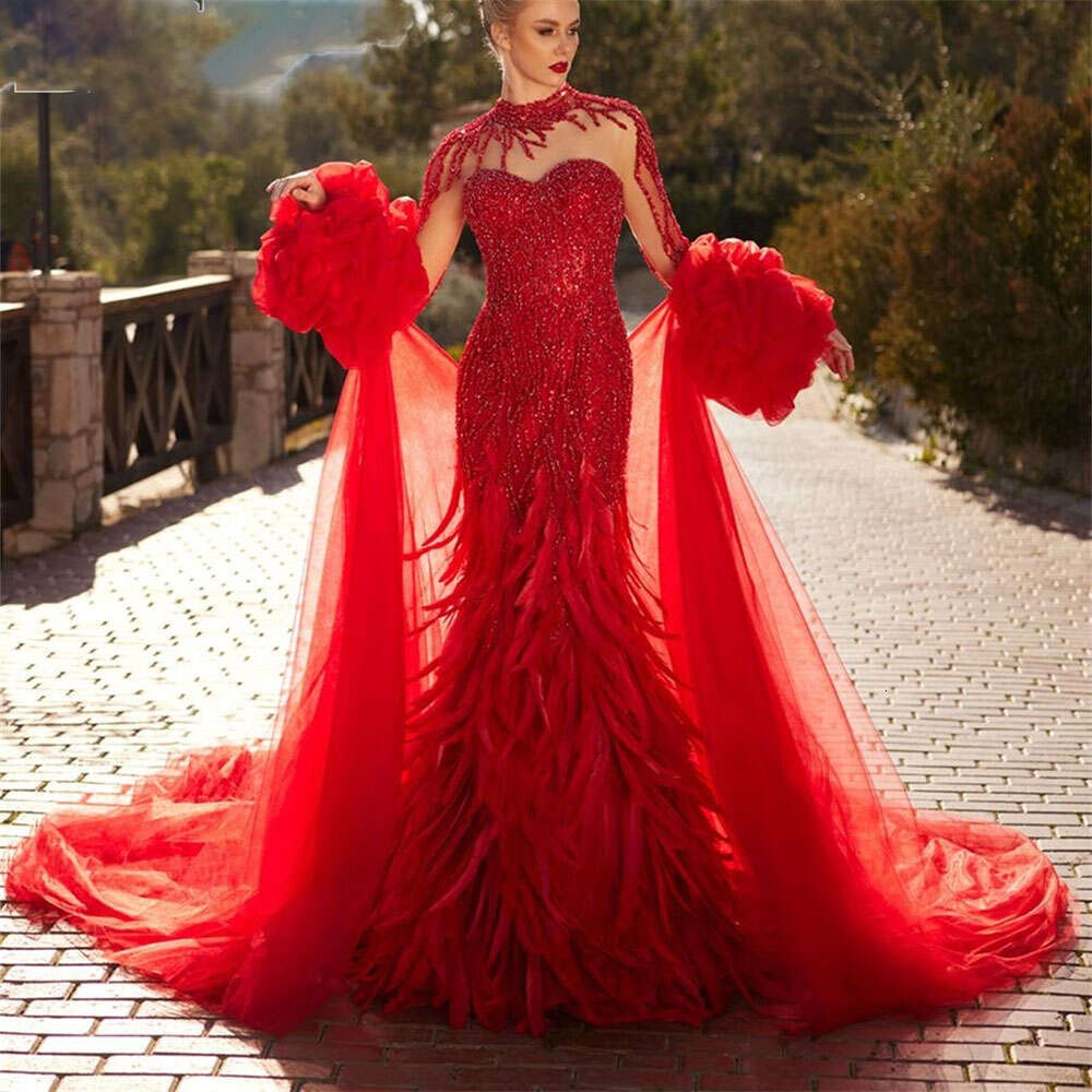 Feathered Prom Mermaid Beaded Dress With Tulle Cape High Neck Long Sleeve Formal Evening Gown