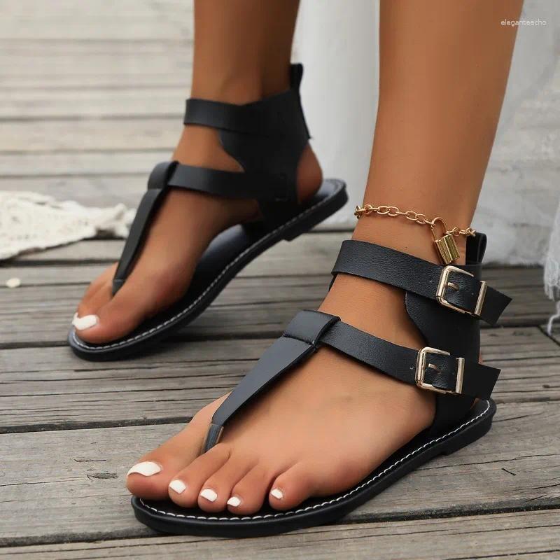 2025 S Fashion Designer Sandals Sandals Women Cool Outdoor Flip P Metal Buckle Detail Solid Color Faux Leather Toe Free Shipping Post Flat