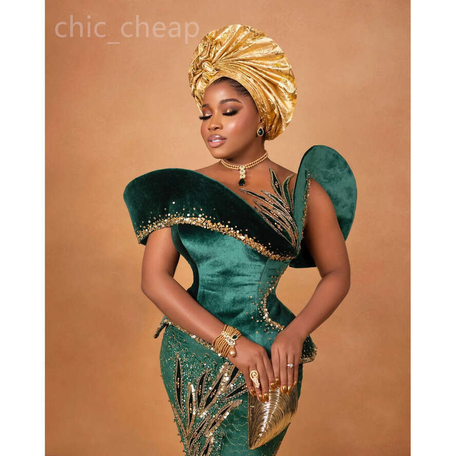 Aso Ebi Dark Green Mermaid Prom Dress Beaded Sequined Lace Veet Evening Formal Party Second Reception Birthday Engagement Gowns Dresses Robe De Soiree