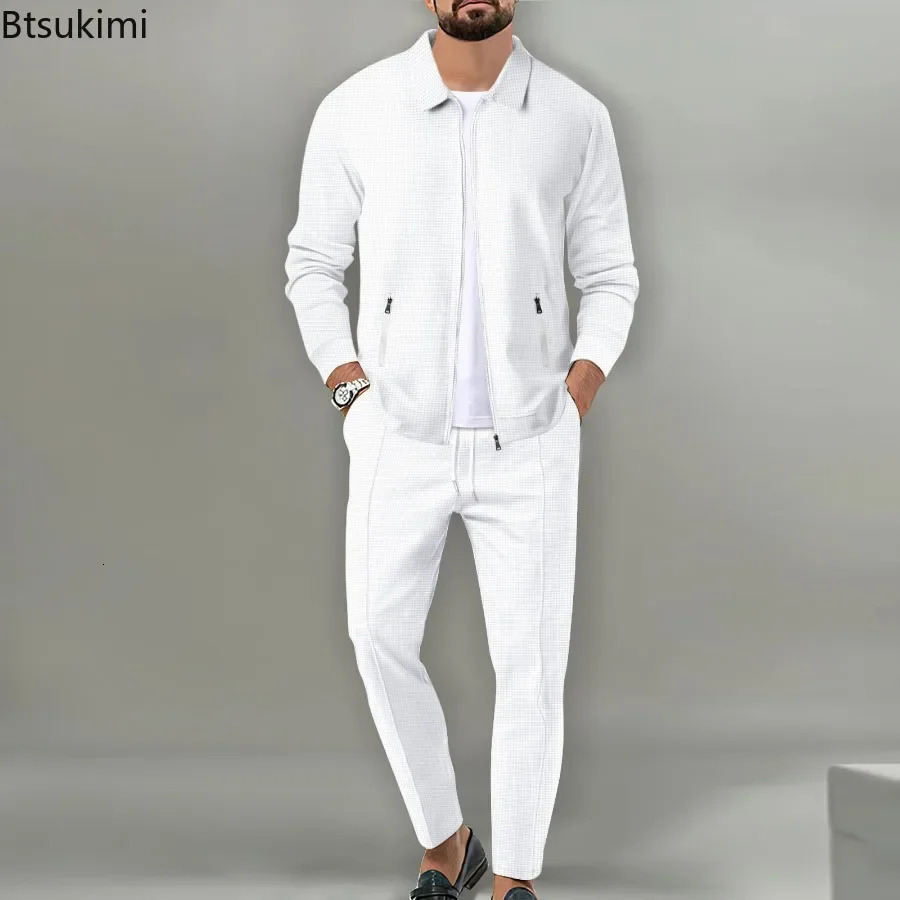 mens casual waffle two-piece pants set loose collar zipper jacket and pants set mens autumn fashion set 241024