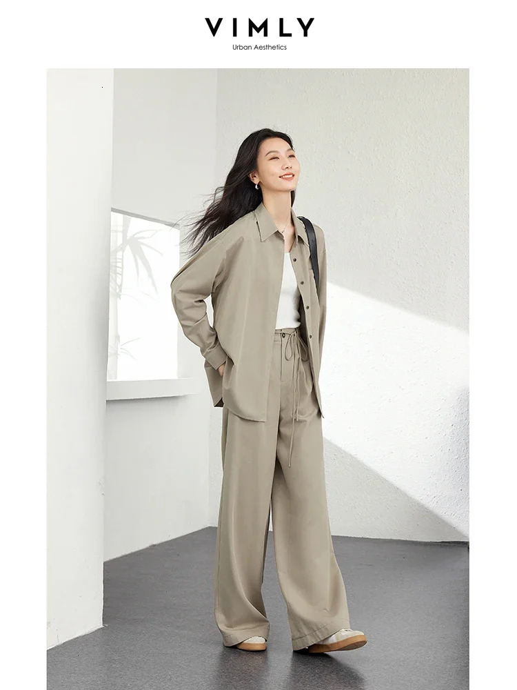 VIMLY Fashion 2PCS Womens Work OL Pants Set Autumn Long Sleeve Button Down JacketWide Leg Trouser Simple Casual Set 241023
