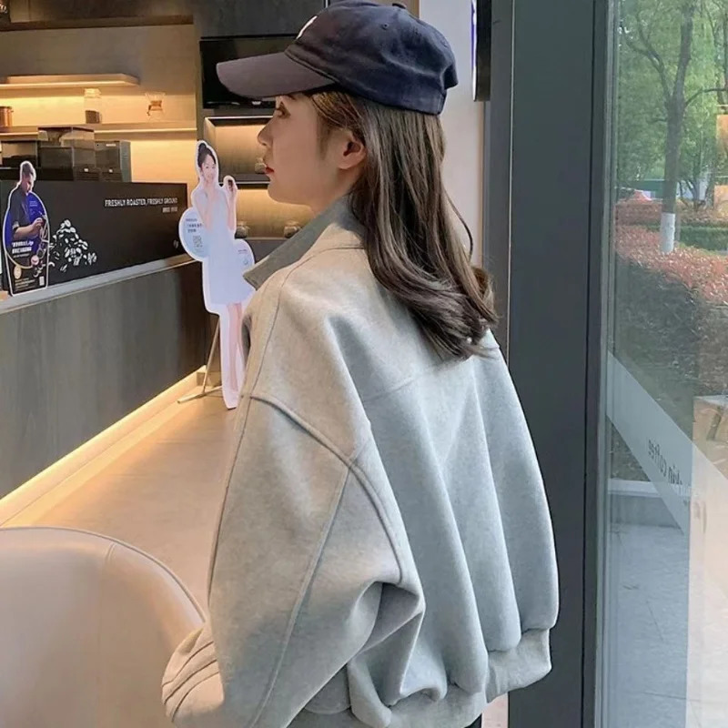 Y2K Womens Autumn Plush Thick Baseball Jacket Long Sleeve Sports Zipper Warm Jacket Short Stand Collar Ultra Thin Jacket 241024