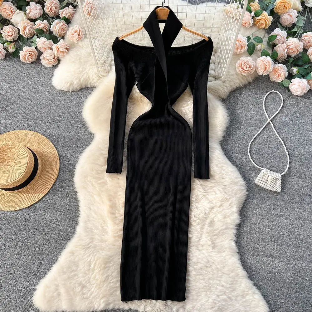 Autumn and Winter Womens Long Skirt Elegant Strapless Thin Waist Knitted Body Dress Korean Office Womens Sweater Dress Vestitos 241024