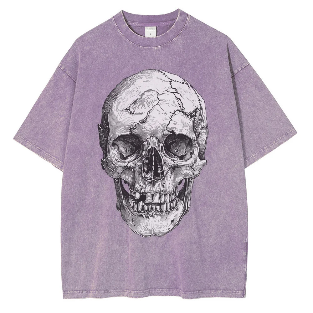Heavy duty pure cotton washed T-shirt with large head bone printed graphite T-shirt shoulder drop retro oversized T-shirt 241024