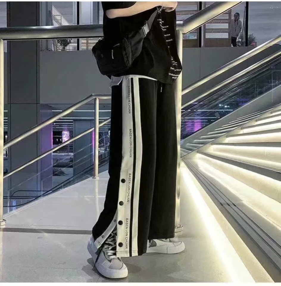 Harajuku wide leg sports pants oversized mens streetwear side button pocket pants casual sports split basketball womens track pants 241024