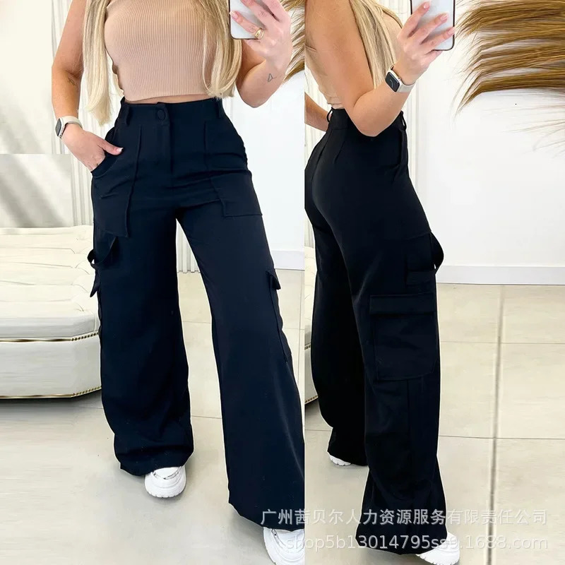 Wide Leg Trousers Solid Color Street Clothing Fashion Product Pants Womens Green Casual Patch Pocket High Waist Straight Pants 241023