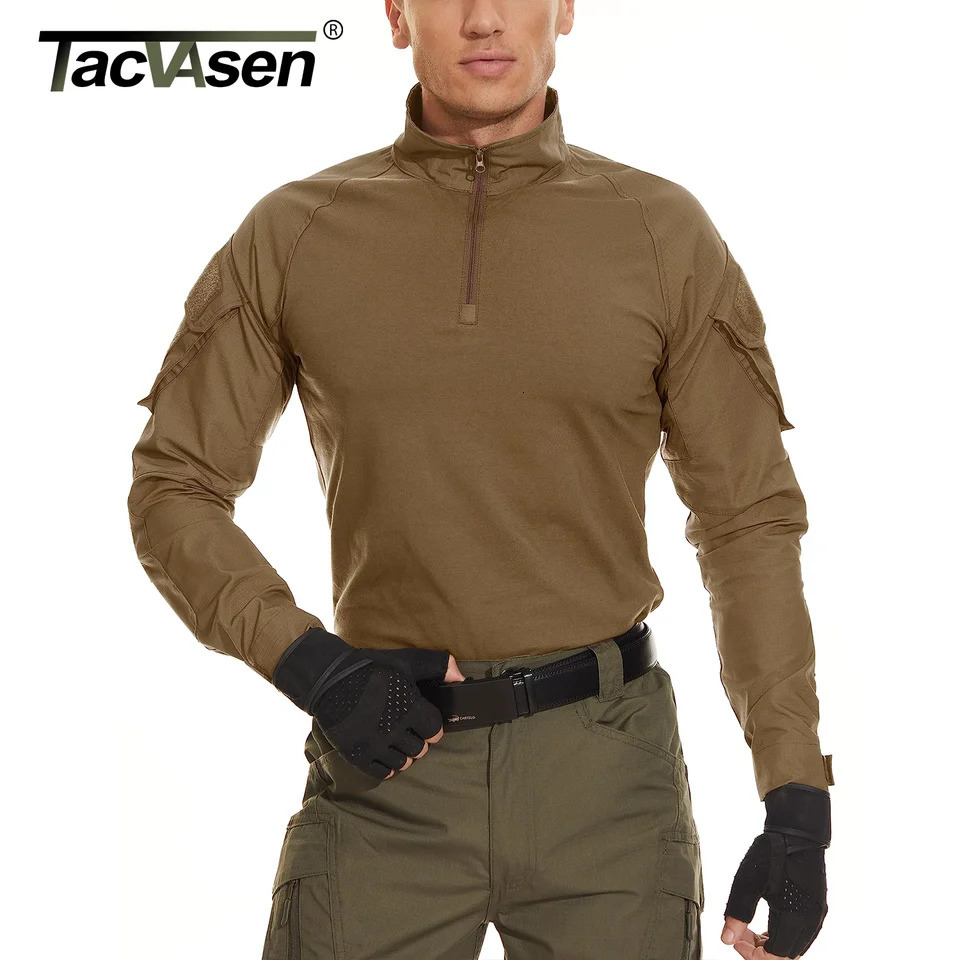 TACVASEN long sleeved 1/4 zipper slim fit T-shirt with pockets mens summer battle T-shirt cotton polyester training suit 241024