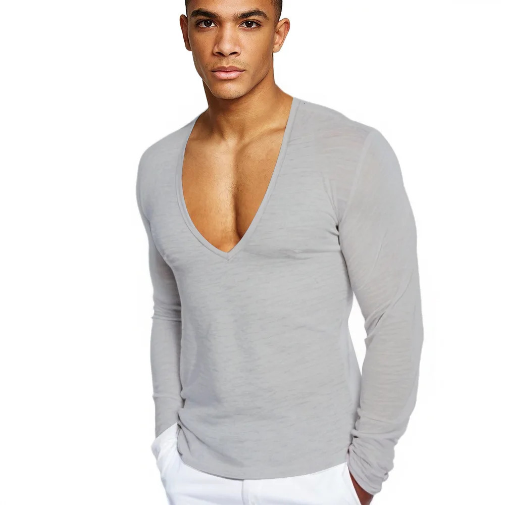 Mens deep V-neck T-shirt plus size mens long sleeved T-shirt solid color casual mens T-shirt MRMT 241024