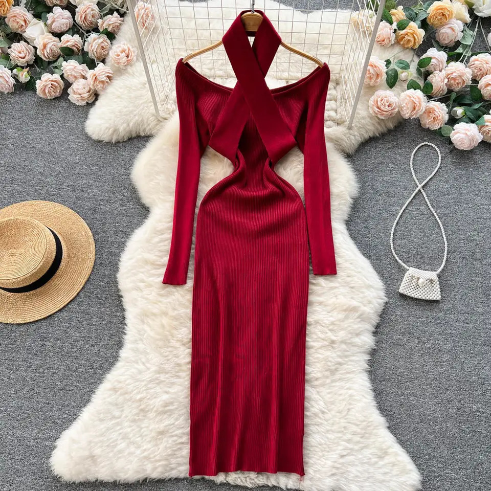 Autumn and Winter Womens Long Skirt Elegant Strapless Thin Waist Knitted Body Dress Korean Office Womens Sweater Dress Vestitos 241024