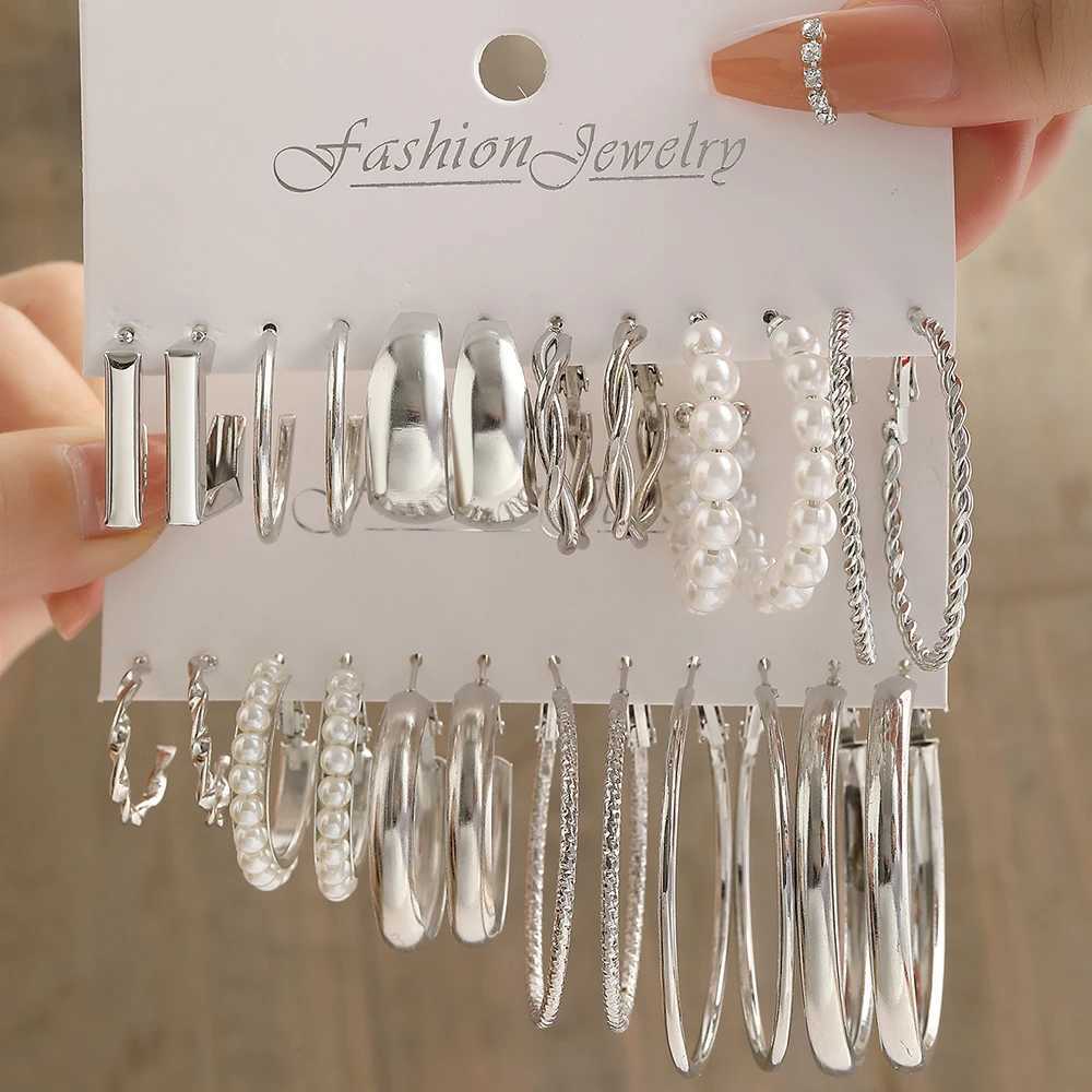 12 pairs of silver vintage pearl earrings suitable for women geometric circular square ring earring set fashionable jewelry Y2K W241023