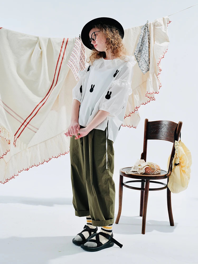 IMAKOKONI original green elastic waist casual pants pocket solid color loose casual pants for women 234054 241023